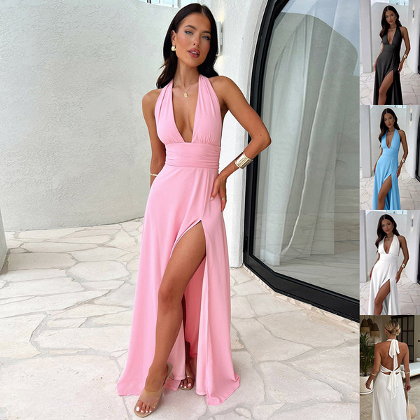VM – Halterneck Maxi Jurk met Open Rug en Split