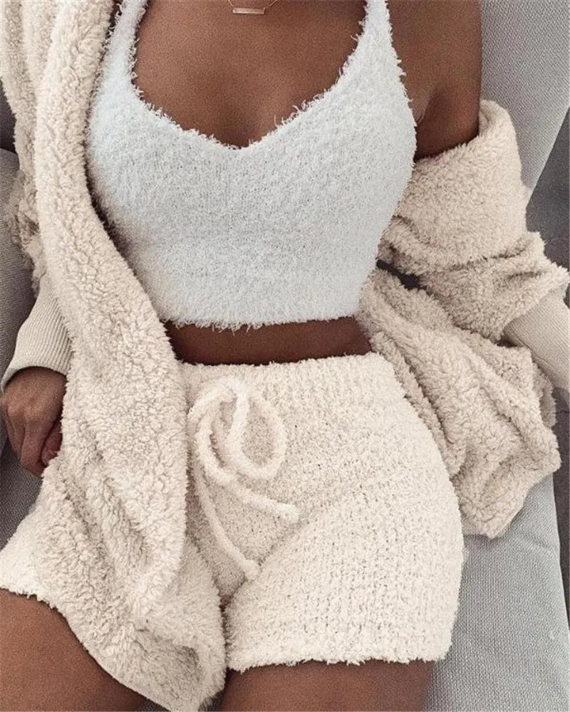 VM – 3-Delige Pyjamaset van Fluweel met Crop Top, Vest & Short – Dames