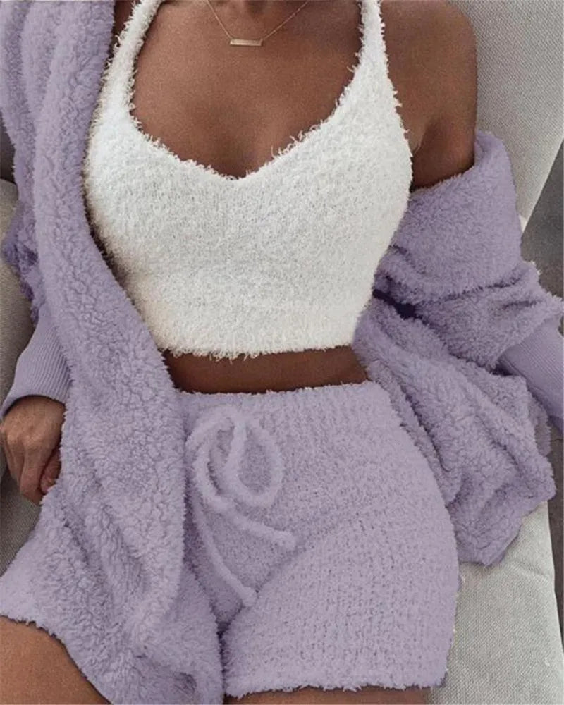 VM – 3-Delige Pyjamaset van Fluweel met Crop Top, Vest & Short – Dames