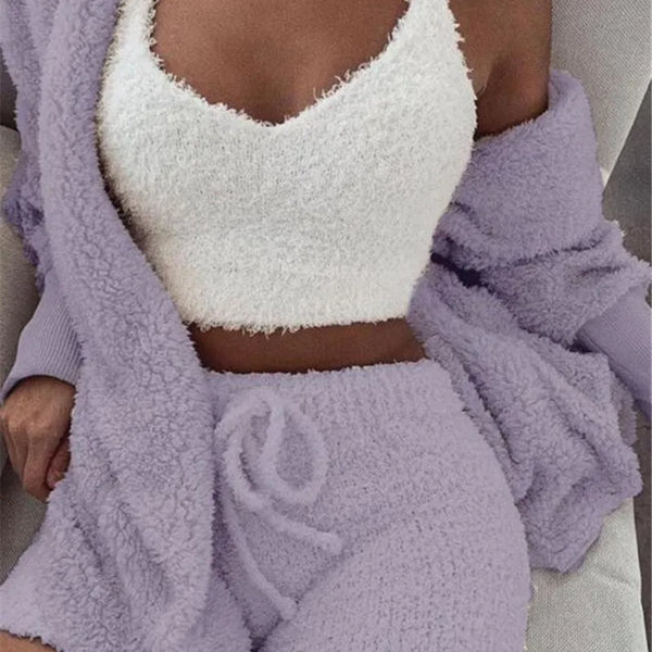 VM – 3-Delige Pyjamaset van Fluweel met Crop Top, Vest & Short – Dames