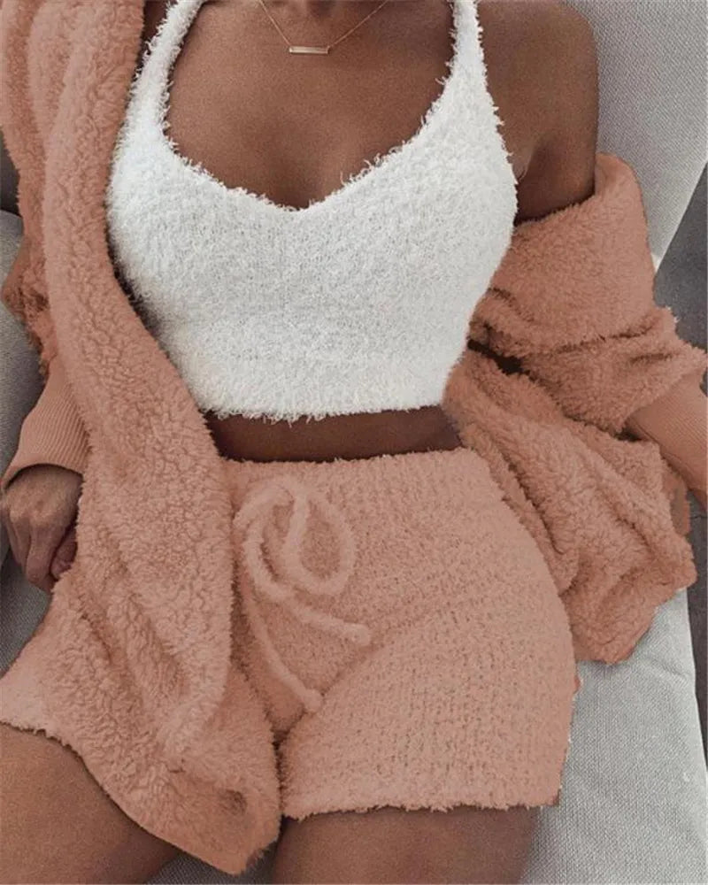 VM – 3-Delige Pyjamaset van Fluweel met Crop Top, Vest & Short – Dames