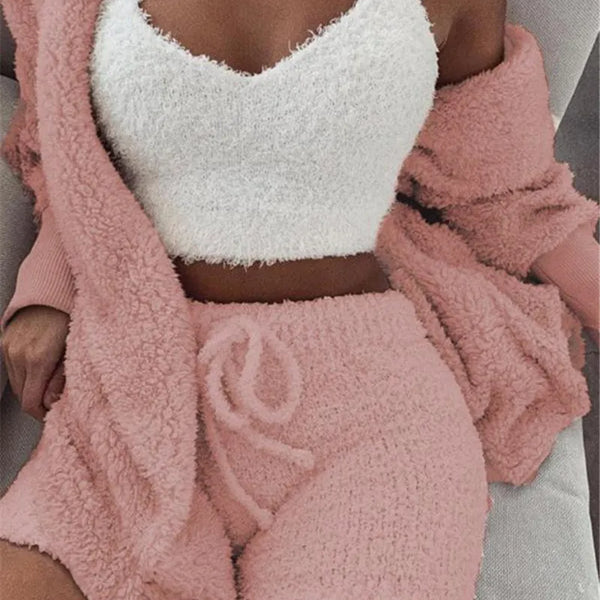 VM – 3-Delige Pyjamaset van Fluweel met Crop Top, Vest & Short – Dames