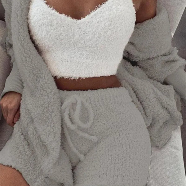 VM – 3-Delige Pyjamaset van Fluweel met Crop Top, Vest & Short – Dames