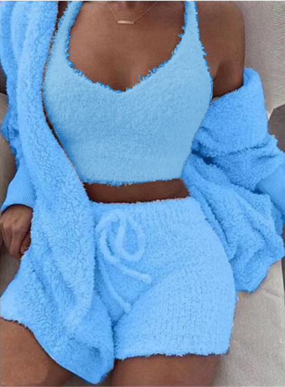 VM – 3-Delige Pyjamaset van Fluweel met Crop Top, Vest & Short – Dames