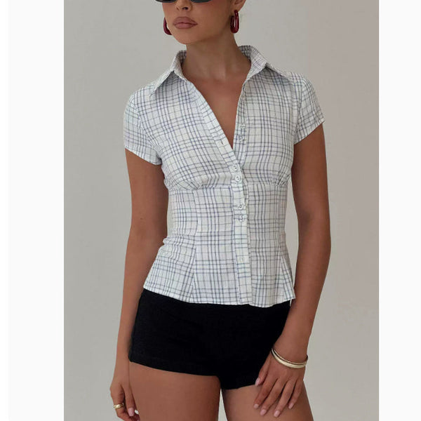 VM – Getailleerde Geruite Blouse met Korte Mouwen