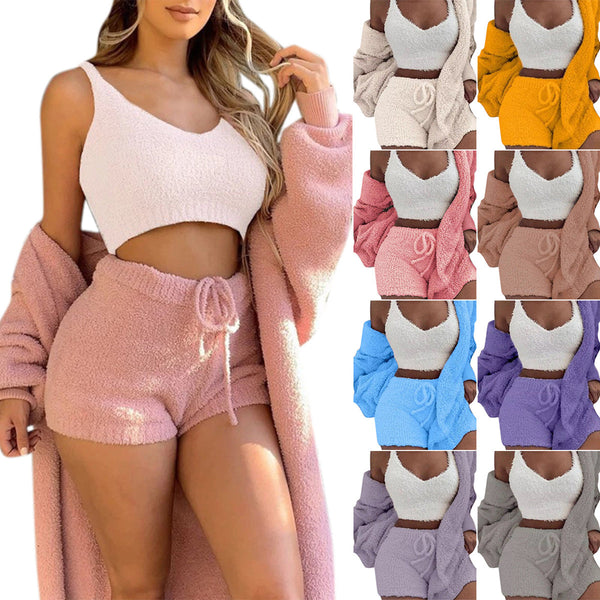 VM – 3-Delige Pyjamaset van Fluweel met Crop Top, Vest & Short – Dames