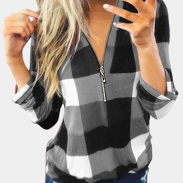 VM – Luxe Top met Ruitpatroon en Lange Mouwen – Dames