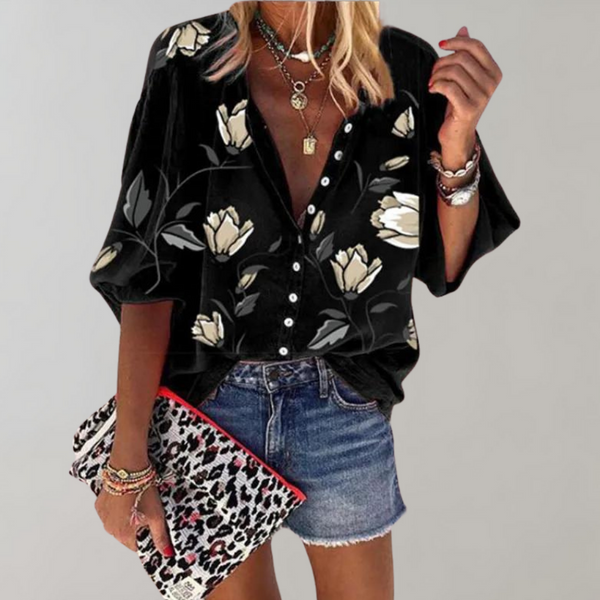 VM – Damesblouse Zomer met Bloemenprint en Korte Mouwen