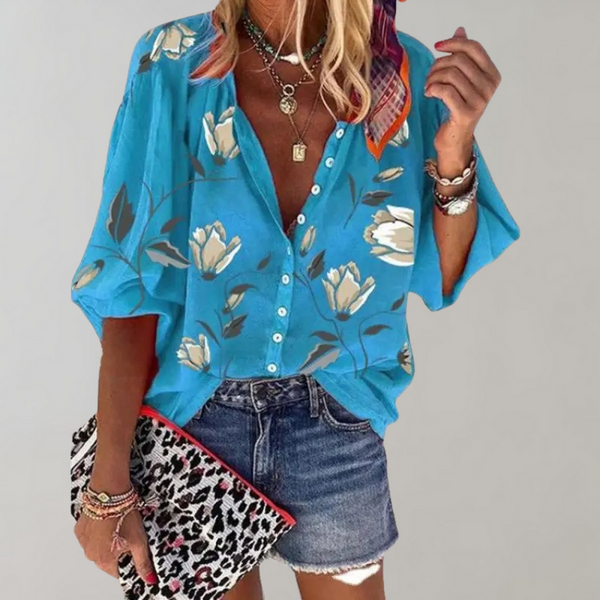 VM – Damesblouse Zomer met Bloemenprint en Korte Mouwen