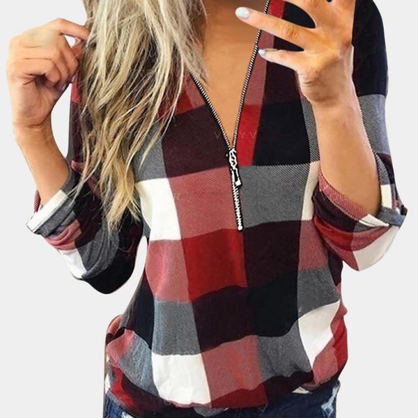 VM – Luxe Top met Ruitpatroon en Lange Mouwen – Dames