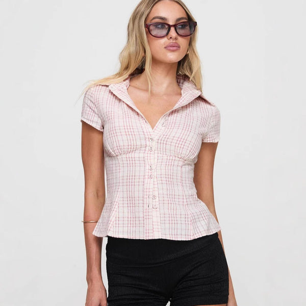 VM – Getailleerde Geruite Blouse met Korte Mouwen