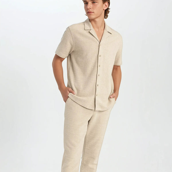 VM – Beige Linnen Overhemd met Korte Mouwen