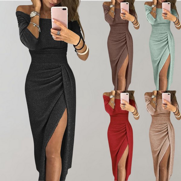 VM – Glitter Jurk met Korte Mouwen & Elegante Lange Snit