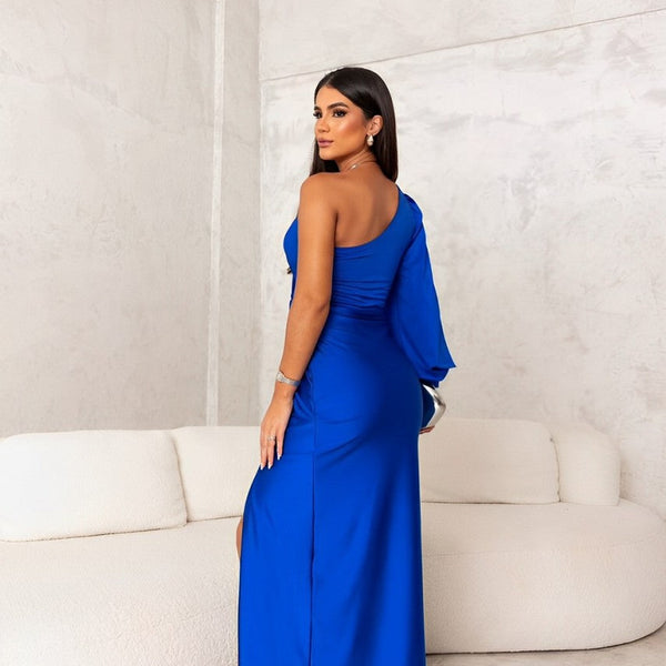 VM – One Shoulder Jurk met Drapering en Voorzijde Split